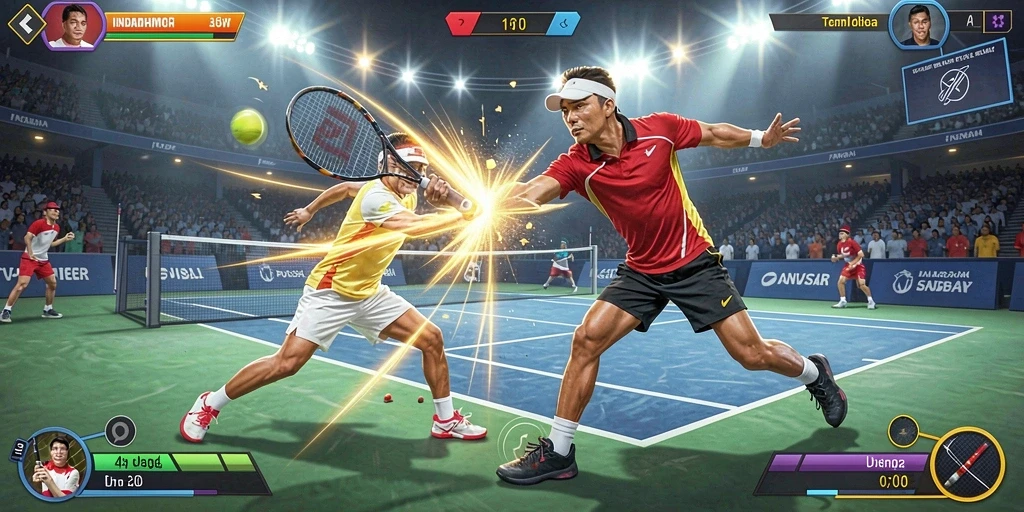 Gambaran karakter utama dalam aksi mendebarkan.